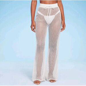 Women's Crochet Cover Up Pants Off-White Large Beach Lounge